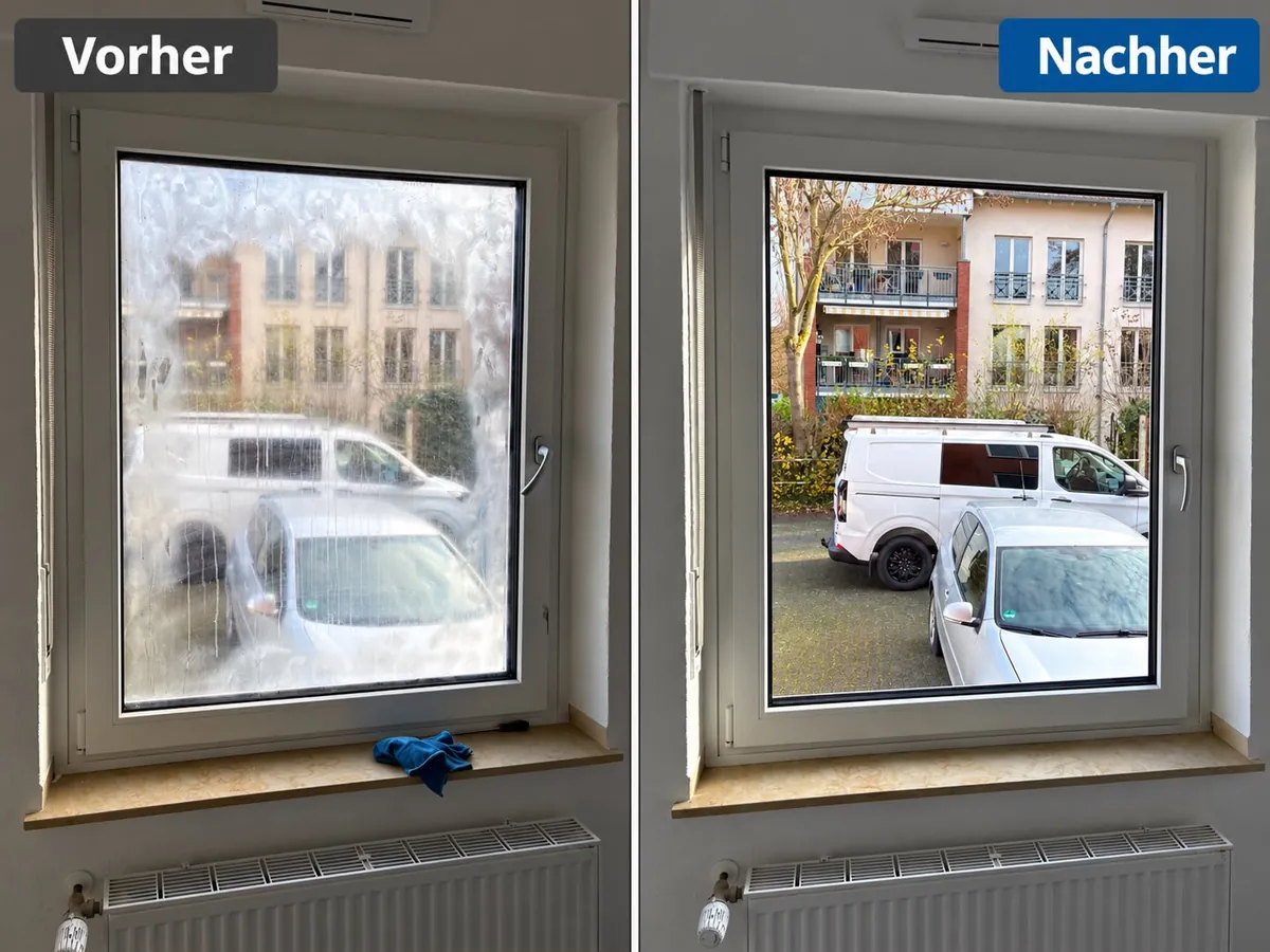 Fensterreinigung vorher und nachher: verschmierte Scheibe und danach klare Sicht auf die Straße