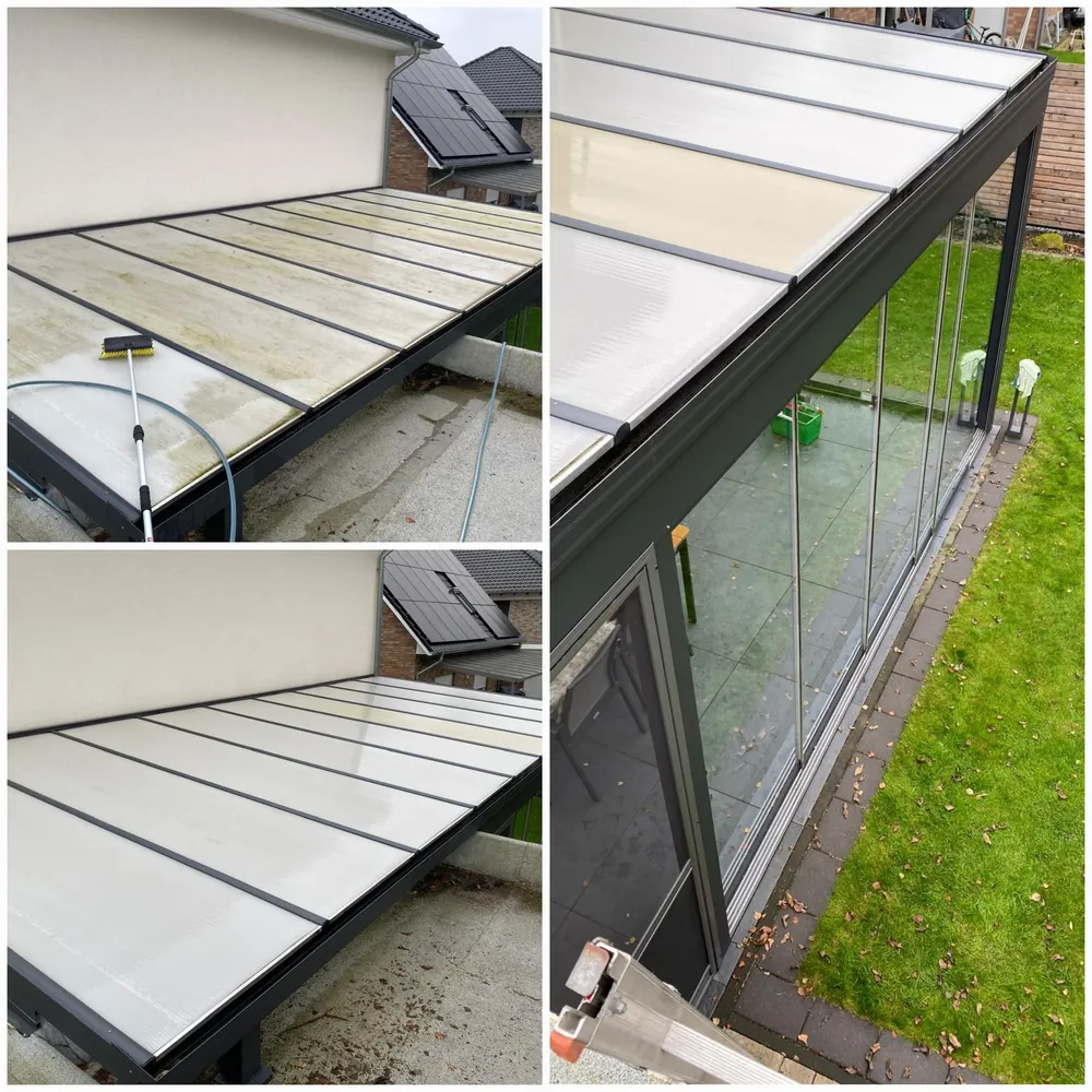 Terrassenüberdachung aus Polycarbonat vorher mit Grünbelag, nachher sauber
