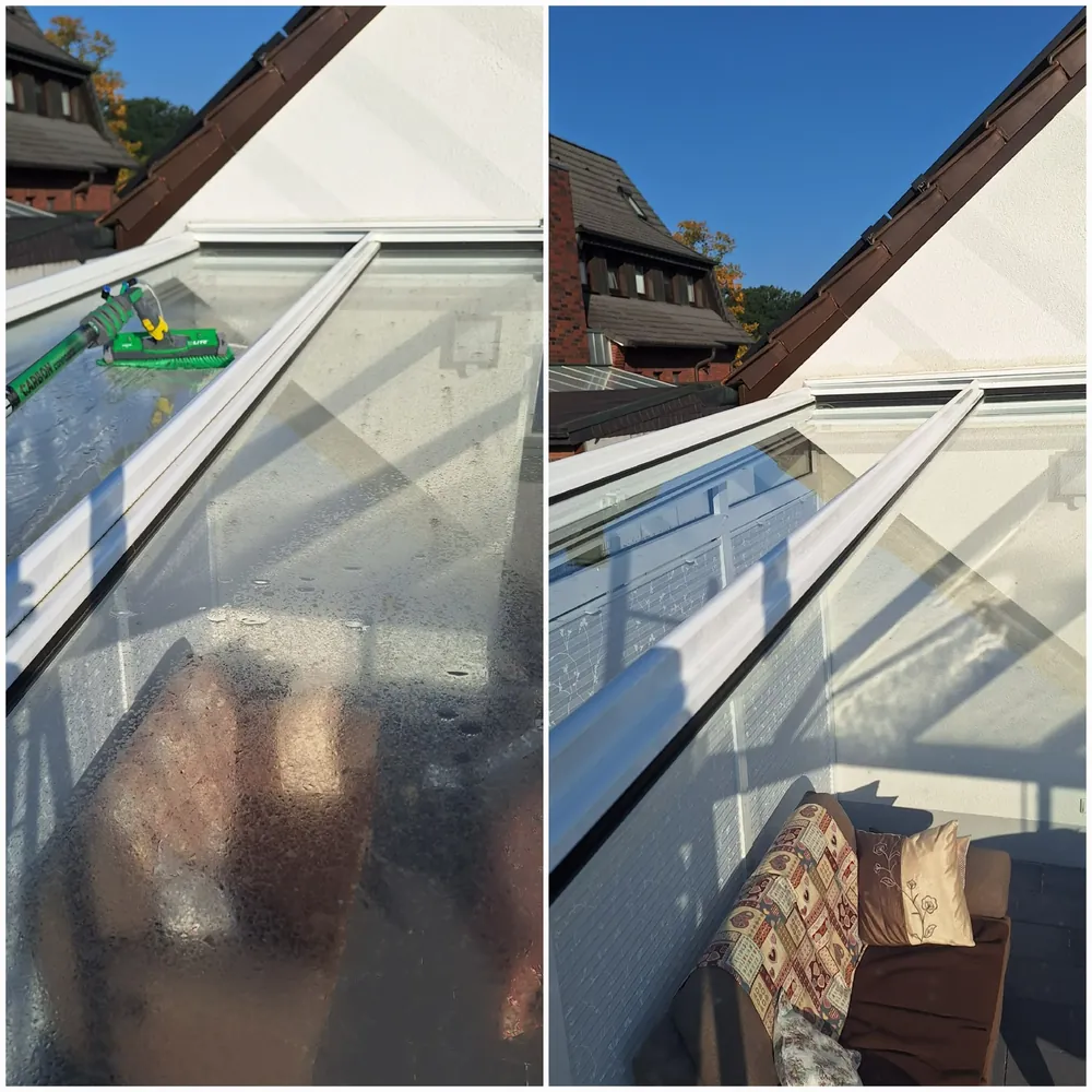 Glasdach eines Wintergartens vorher mit Schmutz und Wasserflecken, nachher klar